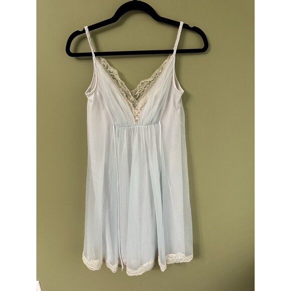 Vintage Shadowline Nightgown Petite Babydoll Teddy Blue Lace Chiffon - Picture 1 of 12